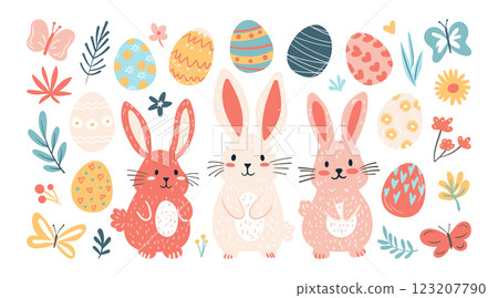Set of isolated Easter holiday decoration ornaments in cute doodle hand-drawn illustration style on a transparent background. Volume 2: Pink, blue and yellow color tones. 123207790