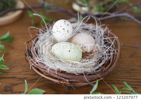 Easter decor, colorful eggs in natural straw nest surrounded by green leaves on brown wooden surface 123207977