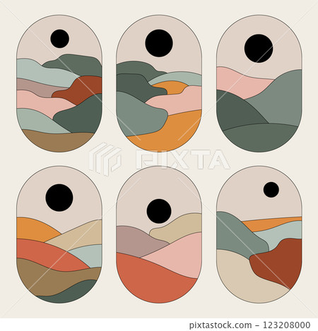 A set of abstract landscapes in a minimalist, modern style with soft color palettes. Perfect for branding, digital backgrounds, and artistic compositions. 123208000