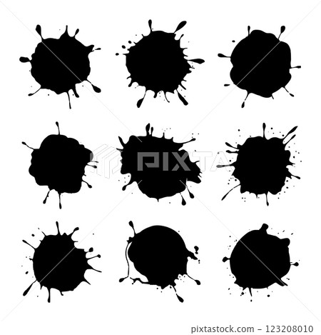 A set of black ink splashes with high contrast, ideal for artistic backgrounds, digital media, and creative design projects. 123208010