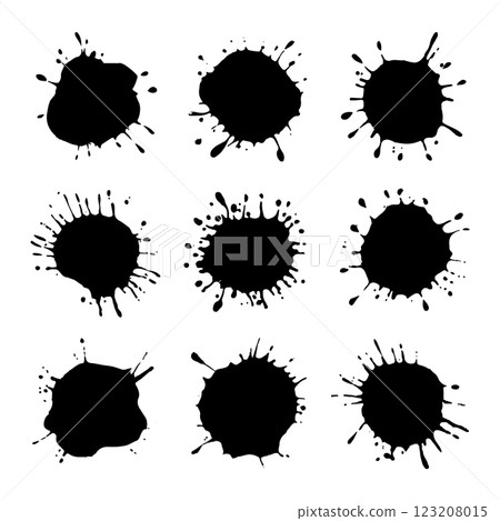 A collection of black ink splashes arranged in a grid-like structure with rough textures. 123208015