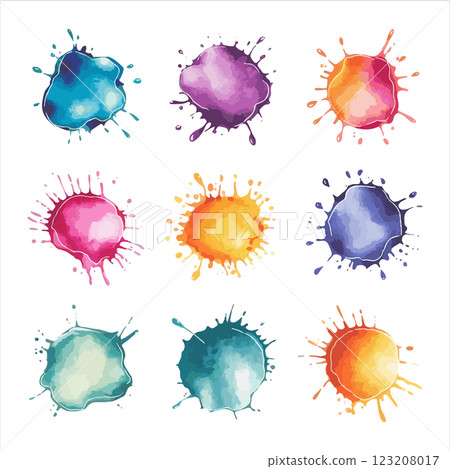 A collection of watercolor stains with a natural ink splatter effect in bright and pastel tones. 123208017
