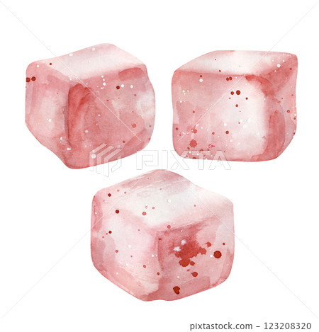 Three separate pieces of berry pastille, hand-drawn. Watercolor illustration. Dessert pattern isolated on a white background. Three separate pieces of berry pastille, hand-drawn. Watercolor illustration. Dessert pattern isolated on a white background. 123208320