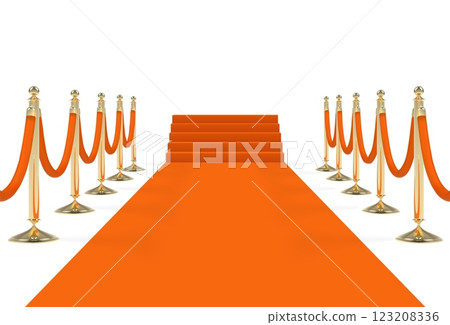 Orange carpet on stairs with ropes on golden stanchions 123208336