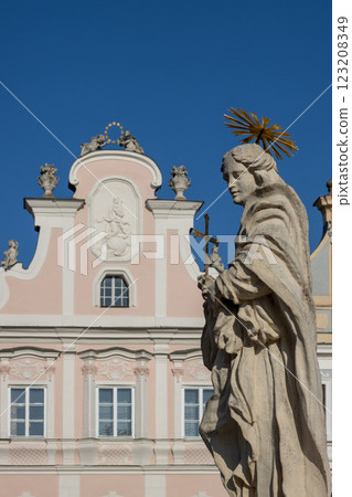 Statue of Saint Margaret on the square, Telc, Czechia Statue of Saint Margaret on the square, Telc, Czechia 123208349