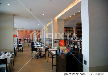 Mainz, Germany, July 8, 2017: Luxury Hotel Breakfast Restaurant, Empty, Five-Star Dining Mainz, Germany, July 8, 2017: Luxury Hotel Breakfast Restaurant, Empty, Five-Star Dining 123208400