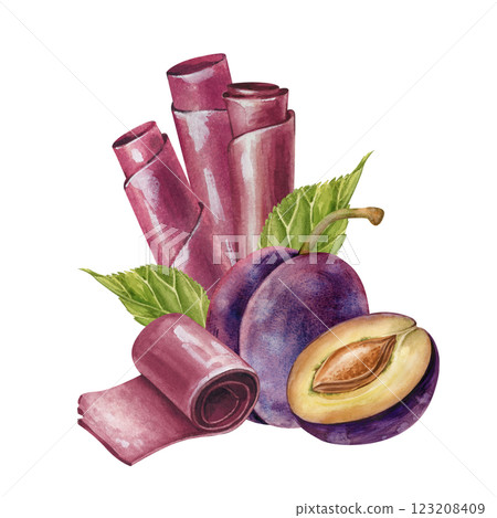 Watercolor composition with purple marshmallow rolls, plums and green leaves. The botanical illustration is hand-drawn. The food illustration is isolated on a white background. 123208409