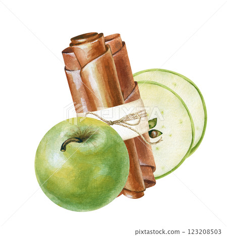 A bunch of fruit paste and green apples, hand-drawn. A watercolor illustration of a fruit dessert is isolated on a white background. Composition for different designs A bunch of fruit paste and green apples, hand-drawn. A watercolor illustration of a fruit dessert is isolated on a white background. Composition for different designs 123208503