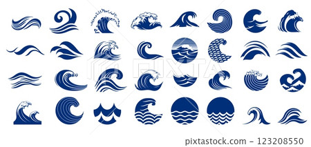 Wave logotypes. Water splashes logo, flowing liquid motion curves stripes swirls silhouettes set vector illustration Wave logotypes. Water splashes logo, flowing liquid motion curves stripes swirls silhouettes set vector illustration 123208550