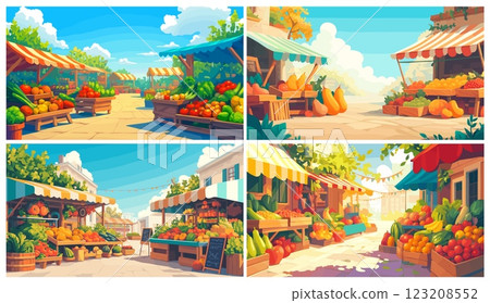 Vegetable market landscape. Cartoon farm scene fruit stands stalls with organic fresh food vector illustration 123208552