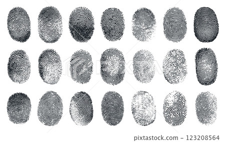 Realistic fingerprints set. Security identity password finger thumb ink print, detective crime imprints vector illustration 123208564