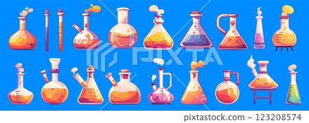 Laboratory glassware. Chemical containers beakers flasks test tubes with fluids, science research, biology pharmacy set vector illustration 123208574