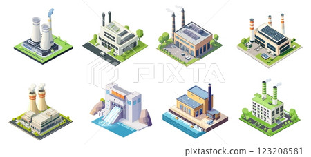 Green energy power. Isometric hydroelectric generation buildings, nuclear reactor, industrial stations set vector illustration Green energy power. Isometric hydroelectric generation buildings, nuclear reactor, industrial stations set vector illustration 123208581