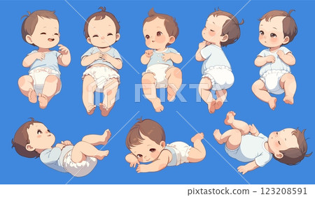 Cartoon newborn. Cute infant in diaper various poses for baby shower, sleeping little boy set vector illustration 123208591