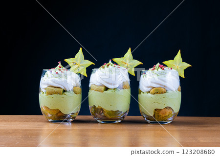 matcha tiramisu in a glass, light festive dessert matcha tiramisu in a glass, light festive dessert 123208680