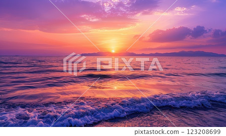 Vibrant Ocean Sunset with Waves and Silhouetted Distant Mountains 123208699