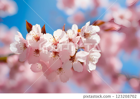Beautiful cherry blossoms shining in the blue sky 123208702