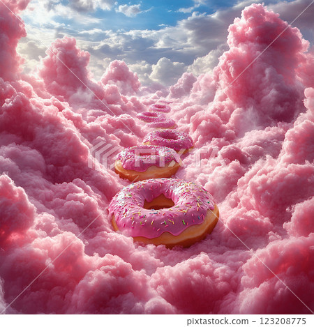 Pastel Candy Clouds with Floating Donuts 123208775