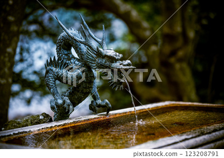 A dragon sculpture and clear water at the shrine's Chozuya 123208791