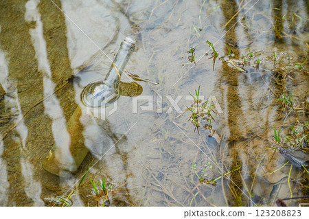 Transparent glass half-liter vodka bottle with plastic cork sticks out of clear clean water of river. Concept of pollution of nature with waste, impact of human factor, self-purification of biosphere Transparent glass half-liter vodka bottle with plastic cork sticks out of clear clean water of river. Concept of pollution of nature with waste, impact of human factor, self-purification of biosphere 123208823