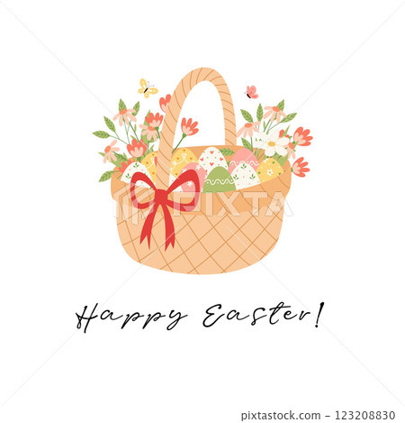 Happy Easter vector illustration concept basket, eggs and flowers. Modern style graphic. Perfect for a social media post, egg hunt design, poster, cover or postcard 123208830