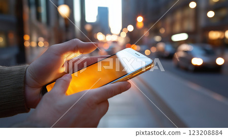 person using smartphone in city street at dusk, illuminated by warm lights 123208884