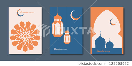 Ramadan Mubarak vector set colorful card A4. holiday posters, islamic symbol, crescent moon and mosque, arabic lantern. Concept Muslim religion vector banner, flyer, party invitation, sale shop, cover Ramadan Mubarak vector set colorful card A4. holiday posters, islamic symbol, crescent moon and mosque, arabic lantern. Concept Muslim religion vector banner, flyer, party invitation, sale shop, cover 123208922