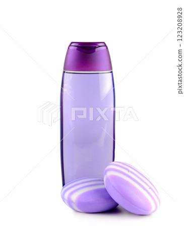 Soap and Shampoo with lavender extract isolated on white background. 123208928