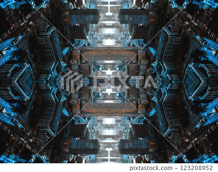 mirrored geometry lines and shapes, symmetry perspective intricate pattern, hi-tech abstract background with technology fractals mirrored geometry lines and shapes, symmetry perspective intricate pattern, hi-tech abstract background with technology fractals 123208952