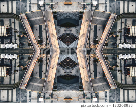 mirrored geometry lines and shapes, symmetry perspective intricate pattern, hi-tech abstract background with technology fractals 123208953