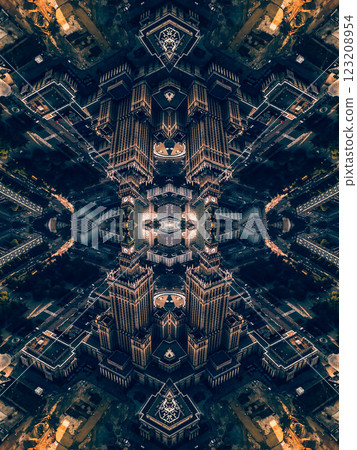 mirrored geometry lines and shapes, symmetry perspective intricate pattern, hi-tech abstract background with technology fractals mirrored geometry lines and shapes, symmetry perspective intricate pattern, hi-tech abstract background with technology fractals 123208954