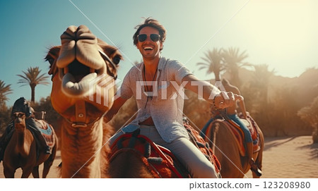 A man joyfully rides a camel in the desert, with palm trees in the background. Ideal for travel 123208980