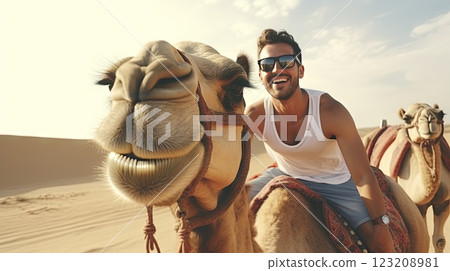 A man is riding a camel with a smiling face. Tourists Enjoying Camel Ride in the Desert. Tourists on 123208981