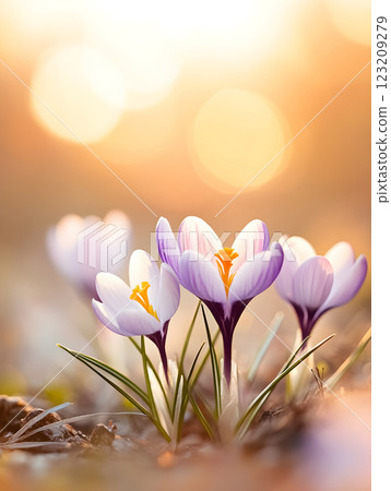 Fresh wild purple crocus blooming in spring garden. Saffron flowers in field. Natural floral blooming meadows composition. Floral background. Begining springtime sunny landscape with sunlight. Fresh wild purple crocus blooming in spring garden. Saffron flowers in field. Natural floral blooming meadows composition. Floral background. Begining springtime sunny landscape with sunlight. 123209279