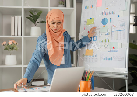 Muslim woman in hijab presenting financial data and analytics on whiteboard in office. Muslim woman in hijab presenting financial data and analytics on whiteboard in office. 123209308