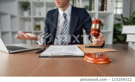 Lawyer explaining legal matters while holding gavel, engaged in discussion at modern office desk. Lawyer explaining legal matters while holding gavel, engaged in discussion at modern office desk. 123209322