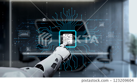 Robot Hand Interacting with Digital Circuit Board Interface in Modern Office Environment. Auvana 123209604