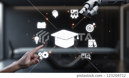 Innovative Learning Concepts Featuring Robotic Arm and Digital Education Icons Representing Future of Knowledge and Technology Integration in Classroom Environments. Auvana 123209712