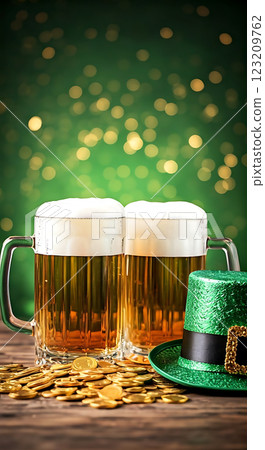 Sparkling golden beer mugs and coins on green sparkling background 123209762