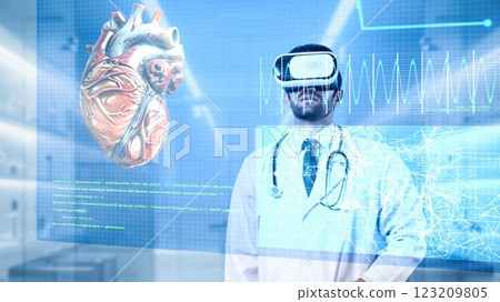 Doctor standing at heart hologram and discuss about heart diagnosis. Apparatus. 123209805