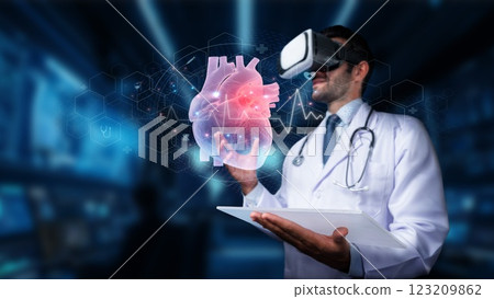 Medical Professional Using Virtual Reality Technology to Explore Human Heart Anatomy in a High-Tech Environment for Innovative Health Education. PHMT 123209862