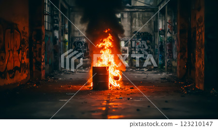 頹廢的城市景觀，燃燒的垃圾桶 123210147