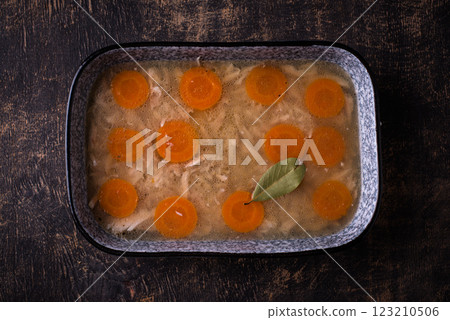Aspic with chicken meat and carrot Aspic with chicken meat and carrot 123210506