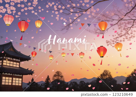 Spring scenery in Japan - Cherry blossom viewing illustrations 123210649