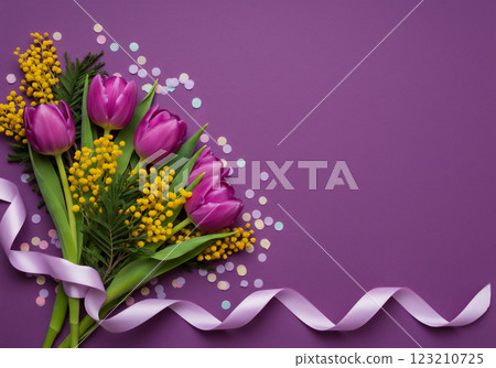 紫色背景上盛開的春花 123210725