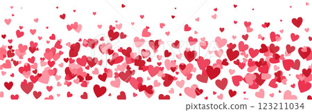 Heart long border. Women Day. Bright hearts confetti falling on white background. Celebration backdrop. Valentines Day banner. 8 March card. Wedding invitation. Vector illustration Heart long border. Women Day. Bright hearts confetti falling on white background. Celebration backdrop. Valentines Day banner. 8 March card. Wedding invitation. Vector illustration 123211034