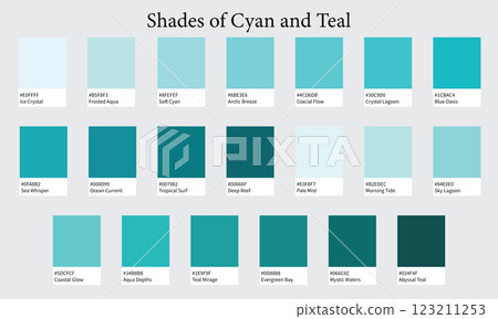Color Palettes 20 Shades of Cyan and Teal - Turquoise, Aqua, Deep and Ice Colors - with HEX Codes and Names, Colour Swatches and Combinations Color Palettes 20 Shades of Cyan and Teal - Turquoise, Aqua, Deep and Ice Colors - with HEX Codes and Names, Colour Swatches and Combinations 123211253