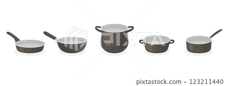 Flat Color Cookware Vector Illustration. Cooking Pots, Frying Pans, Saucepan. Kitchen Utensils, Kitchenware, Cooking Set. Nonstick Cookware, Kitchen Cooking Pans, Utensils, Equipment Icons 123211440