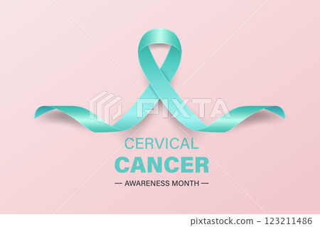 Minimalist Poster Banner with a Realistic Teal Ribbon Loop, Symbol of January Cervical Cancer Awareness Month. Women s Health, Cancer Awareness, Empowerment, Support Campaign. Vector Illustration 123211486