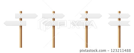 Realistic Blank Sign Post Set. Realistic Road Signboard. Plywood Pointer, Timber, Directional Sign Design Template, Front View. Vector Illustration in 3D Style 123211488
